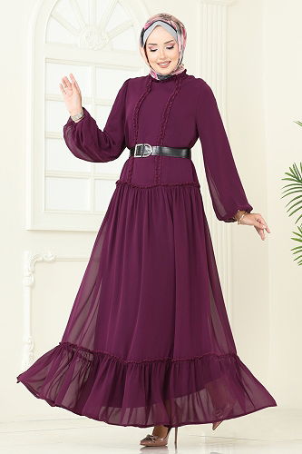 moda selvim Desenli Şifon Elbise 5307AL357 Mürdüm - Thumbnail