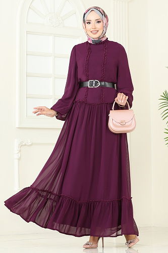 moda selvim Desenli Şifon Elbise 5307AL357 Mürdüm - Thumbnail