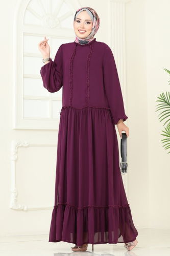 moda selvim Desenli Şifon Elbise 5307AL357 Mürdüm - Thumbnail