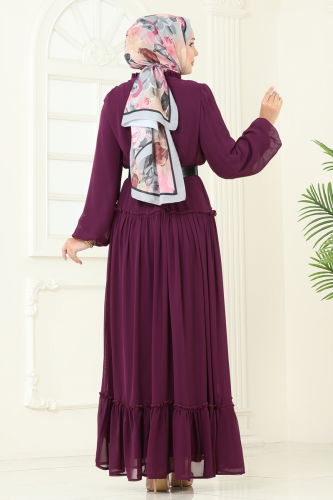 moda selvim Desenli Şifon Elbise 5307AL357 Mürdüm - Thumbnail