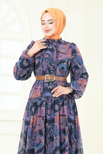 moda selvim Desenli Şifon Elbise 5307AL357 Oranj - Thumbnail