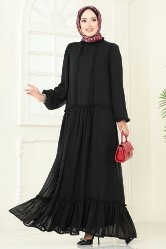 moda selvim Desenli Şifon Elbise 5307AL357 Siyah - Thumbnail