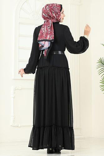 moda selvim Desenli Şifon Elbise 5307AL357 Siyah - Thumbnail