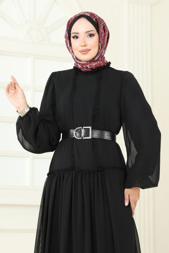 moda selvim Desenli Şifon Elbise 5307AL357 Siyah - Thumbnail