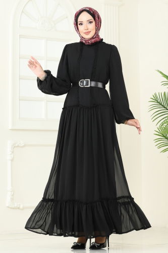 moda selvim Desenli Şifon Elbise 5307AL357 Siyah - Thumbnail