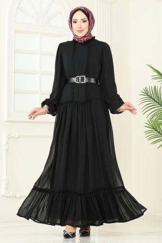 moda selvim Desenli Şifon Elbise 5307AL357 Siyah - Thumbnail