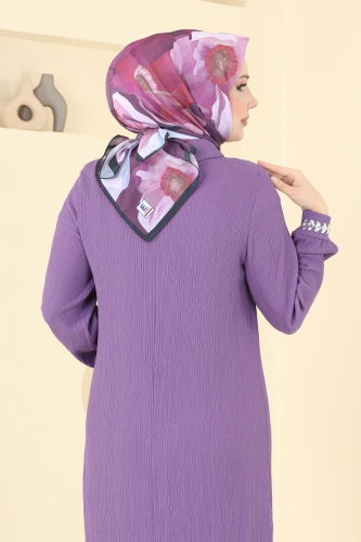 moda selvim Desenli Soft Eşarp 501ERB1087 Koyu Lila - Thumbnail