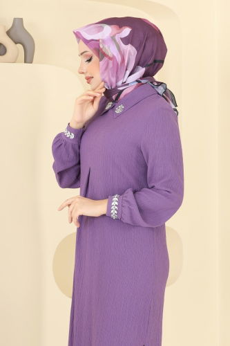 moda selvim Desenli Soft Eşarp 501ERB1087 Koyu Lila - Thumbnail