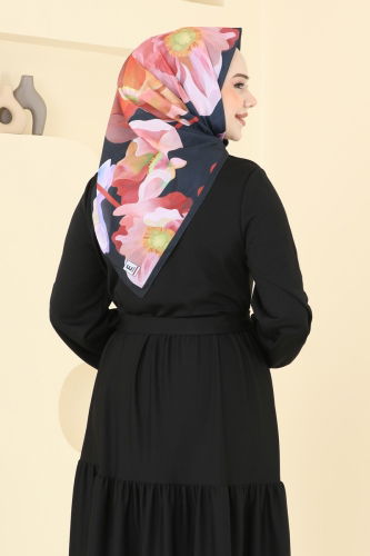 moda selvim Desenli Soft Eşarp 501ERB1087 Siyah - Thumbnail