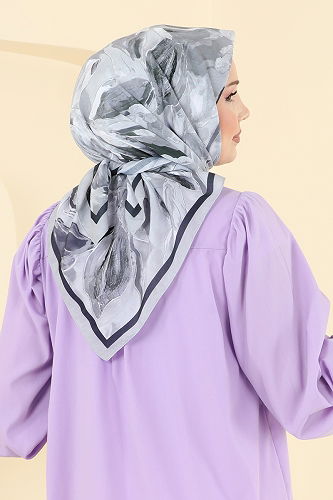 moda selvim Desenli Soft Eşarp Serisi 503ERB1087 Gri - Thumbnail