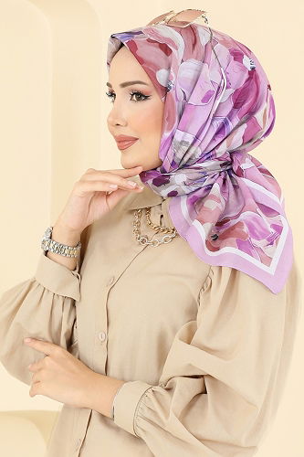moda selvim Desenli Soft Eşarp Serisi 503ERB1087 Lila - Thumbnail