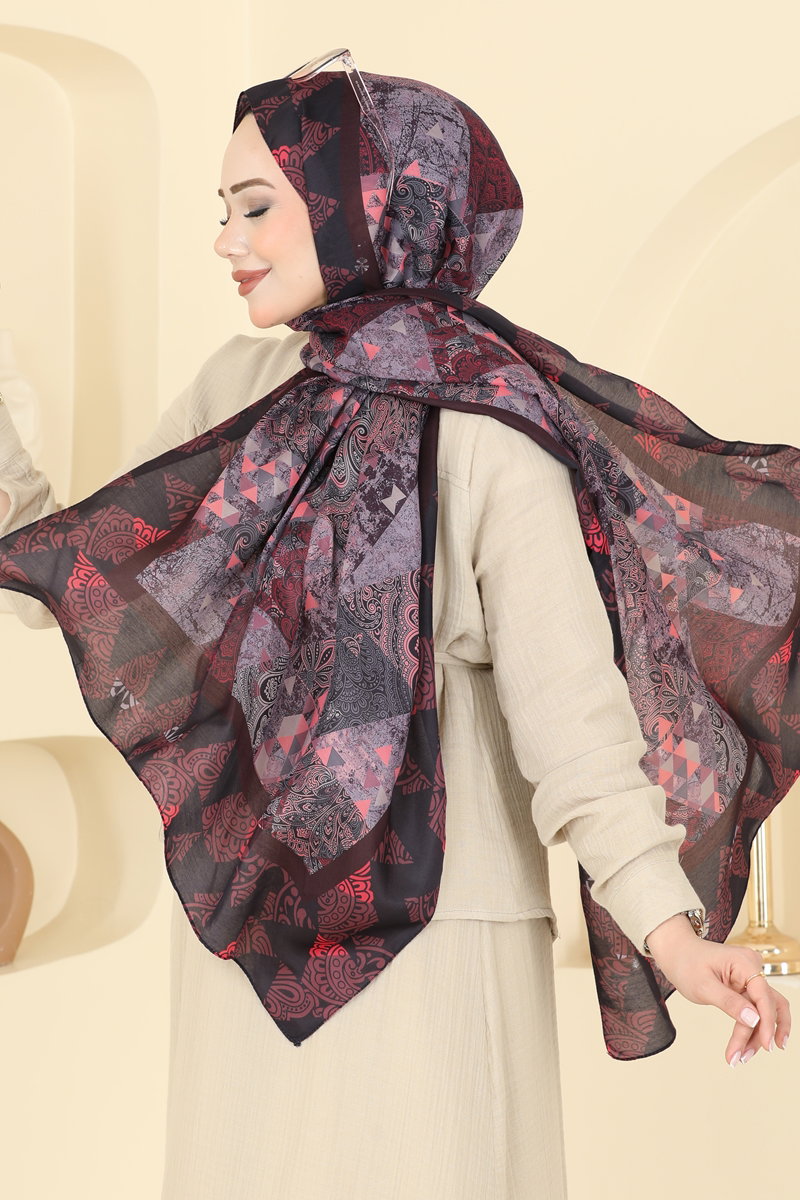 Desenli Soft Şal Serisi 165AFV475 Bordo - Moda Selvim