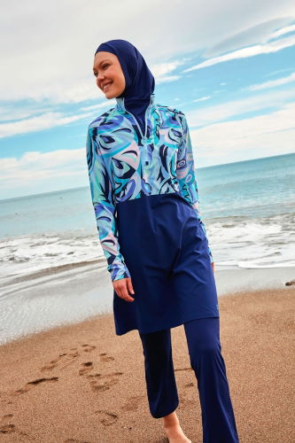 moda selvim Desenli Tam Kapalı Mayo 2498MRNK1139 Laci - Thumbnail
