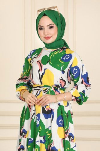 moda selvim Desenli Terikoton Elbise 441BRZ597 Benetton Yeşili - Thumbnail