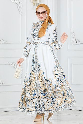 moda selvim Desenli Tesettür Atlas Elbise 2397JNF844 Ekru - Thumbnail
