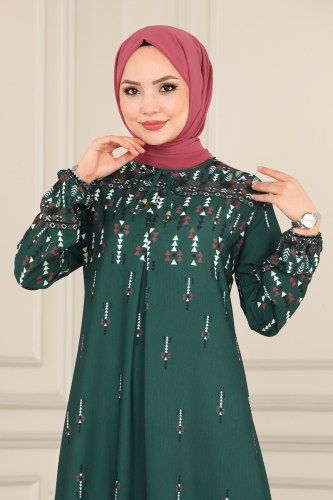 moda selvim Desenli Tesettür Elbise 1113BG354 Zümrüt - Thumbnail