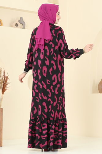 moda selvim Desenli Tesettür Elbise 820OZN1046 Fuşya - Thumbnail
