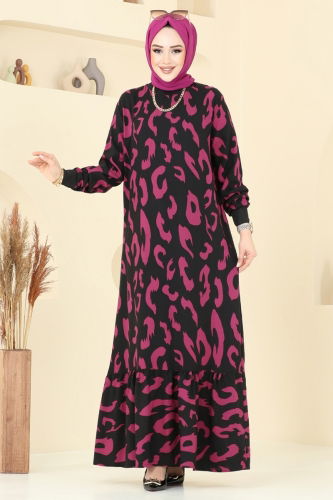 moda selvim Desenli Tesettür Elbise 820OZN1046 Fuşya - Thumbnail