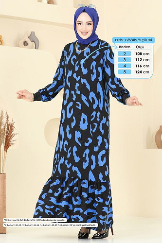 moda selvim Desenli Tesettür Elbise 820OZN1046 İndigo - Thumbnail