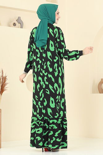 moda selvim Desenli Tesettür Elbise 820OZN1046 Yeşil - Thumbnail