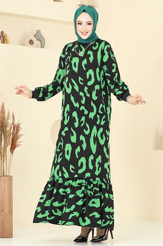 moda selvim Desenli Tesettür Elbise 820OZN1046 Yeşil - Thumbnail