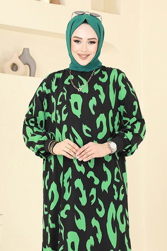 moda selvim Desenli Tesettür Elbise 820OZN1046 Yeşil - Thumbnail
