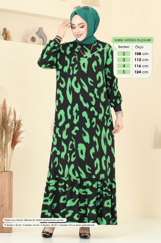moda selvim Desenli Tesettür Elbise 820OZN1046 Yeşil - Thumbnail
