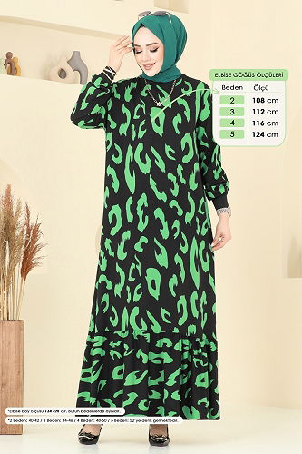 moda selvim Desenli Tesettür Elbise 820OZN1046 Yeşil - Thumbnail