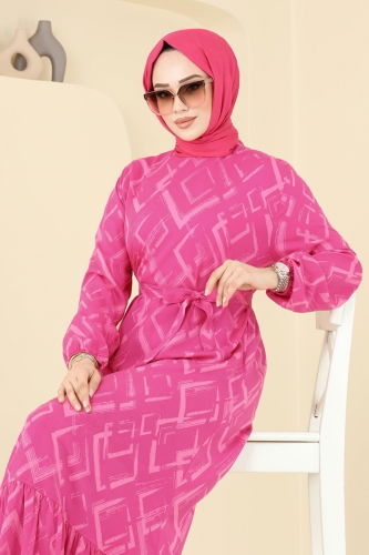 moda selvim Desenli Tesettür Elbise 821OZN1046 Fuşya - Thumbnail