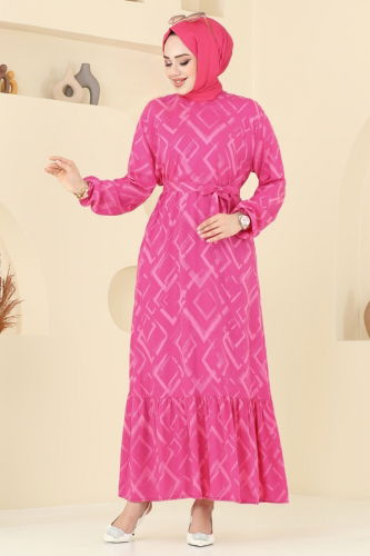 moda selvim Desenli Tesettür Elbise 821OZN1046 Fuşya - Thumbnail