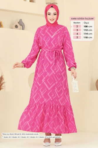 moda selvim Desenli Tesettür Elbise 821OZN1046 Fuşya - Thumbnail