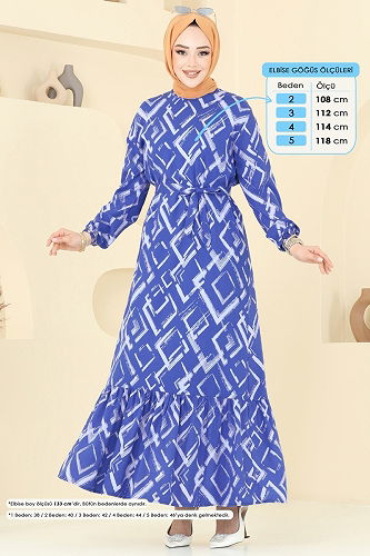 moda selvim Desenli Tesettür Elbise 821OZN1046 İndigo - Thumbnail