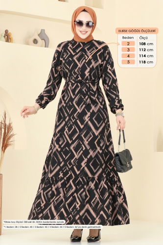 moda selvim Desenli Tesettür Elbise 821OZN1046 Taba&Siyah - Thumbnail