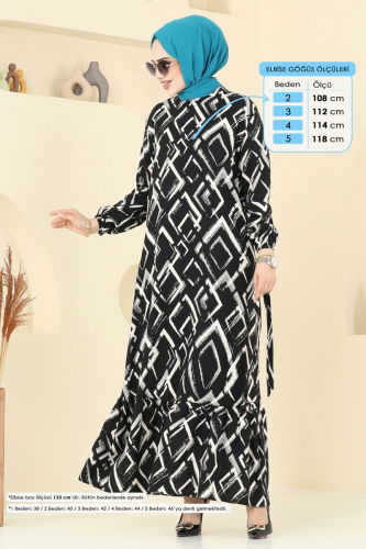moda selvim Desenli Tesettür Elbise 821OZN1046 Taş&Siyah - Thumbnail
