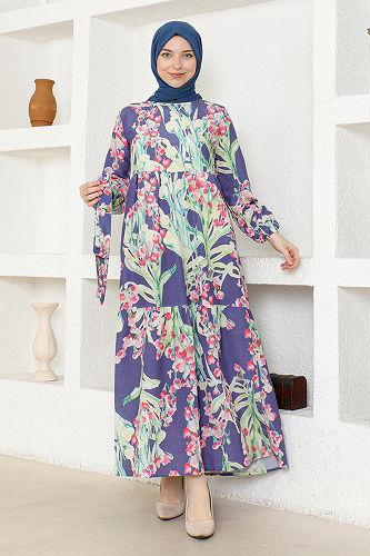moda selvim Desenli Tesettür Elbise ZNK4663-M İndigo - Thumbnail