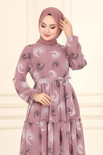 moda selvim Desenli Tesettür Şifon Elbise 81835BRNKO395 Gül Kurusu - Thumbnail