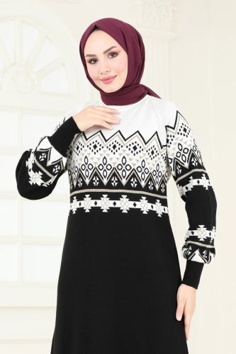 moda selvim Desenli Triko Elbise 8351KL398 Siyah - Thumbnail