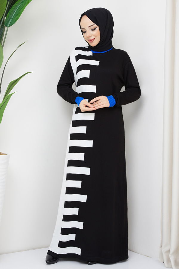 Modaselvim Elbise Desenli Triko Elbise MSV21206-M Siyah