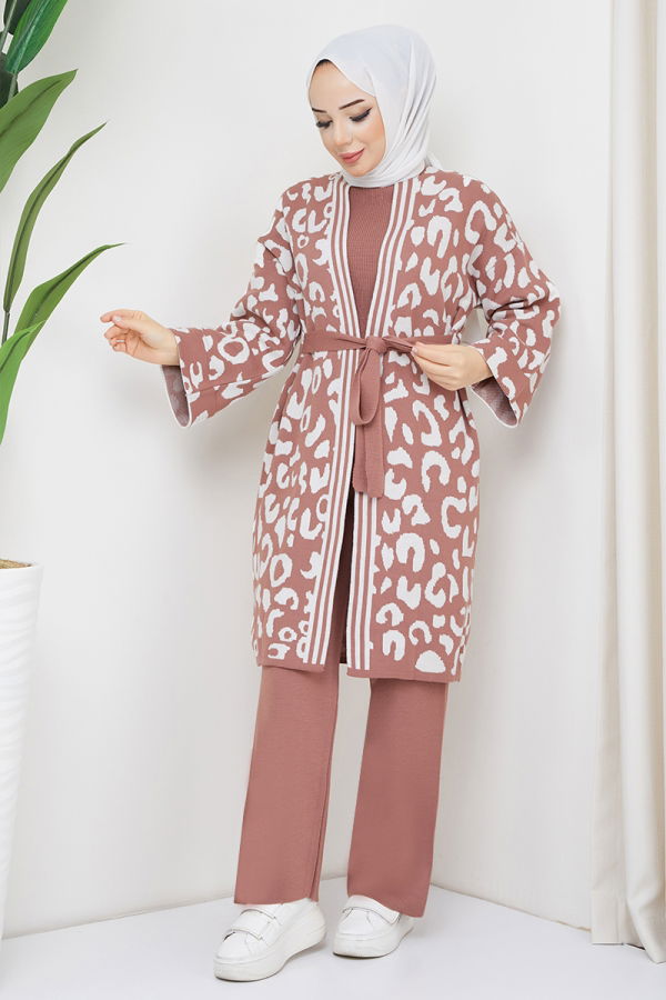 Modaselvim Kombin Desenli Triko Takım MSV21214-M Gül Kurusu