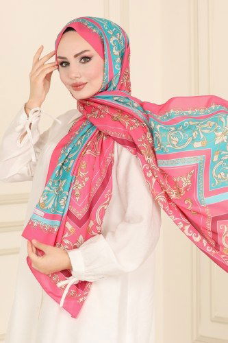 moda selvim Desenli Twill Şal Serisi 227IPK758 Fuşya - Thumbnail