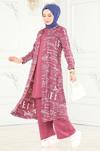 moda selvim Desenli Üçlü Takım 4012BG354 Gül Kurusu - Thumbnail