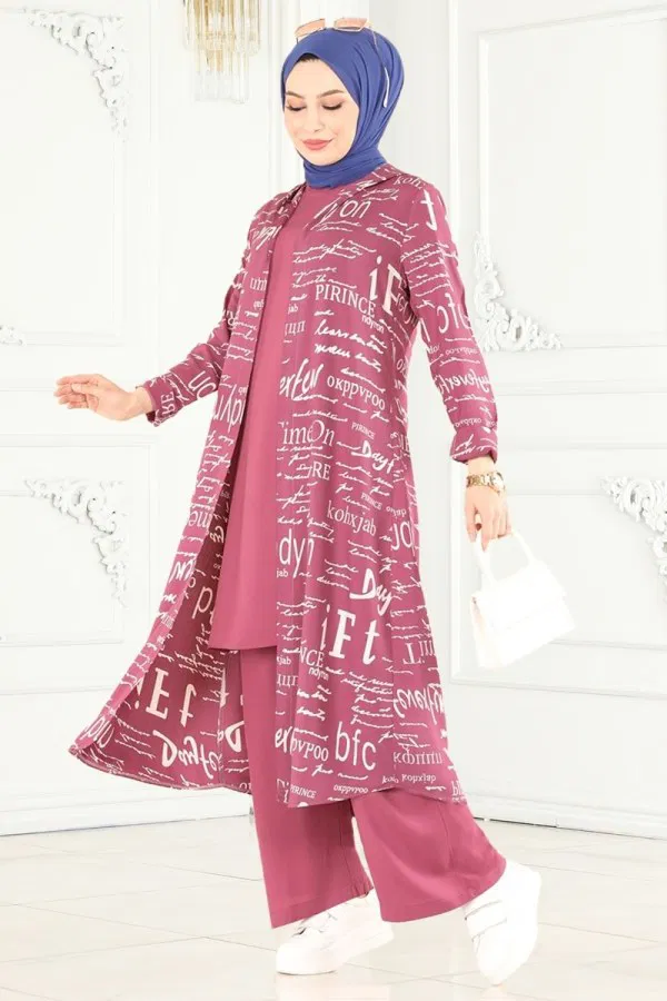 Modaselvim Kombin Desenli Üçlü Takım 4012BG354 Gül Kurusu