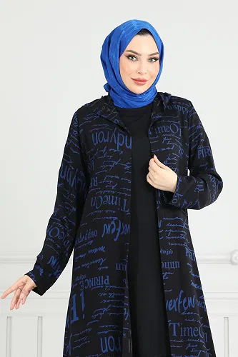 moda selvim Desenli Üçlü Takım 4012BG354-7 Siyah&İndigo - Thumbnail