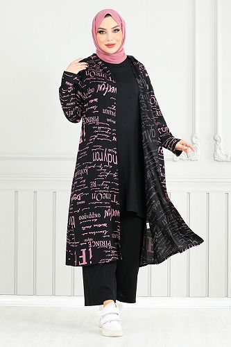 moda selvim Desenli Üçlü Tesettür Kombin 4012BGS895-M Gül Kurusu&Siyah - Thumbnail