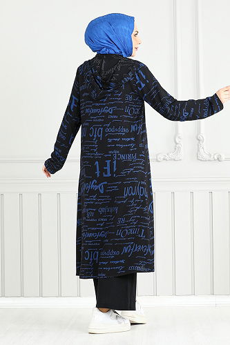 moda selvim Desenli Üçlü Tesettür Kombin 4012BGS895-M İndigo&Siyah - Thumbnail