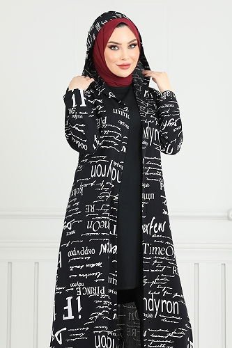 moda selvim Desenli Üçlü Tesettür Kombin 4012BGS895-M Siyah - Thumbnail