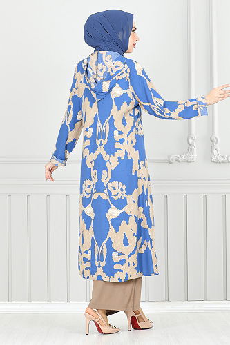 moda selvim Desenli Üçlü Viskon Takım 0332BGS895 İndigo&Vizyon - Thumbnail