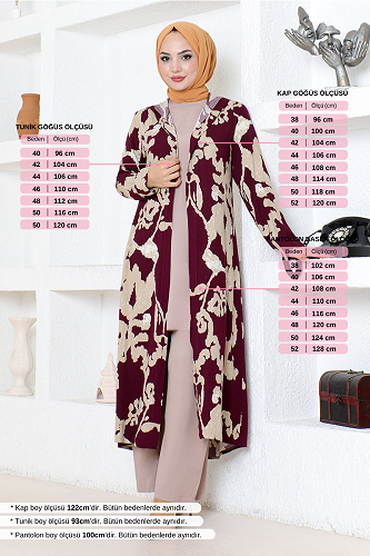 moda selvim Desenli Üçlü Viskon Takım 0332BGS895 Mürdüm&Vizyon - Thumbnail