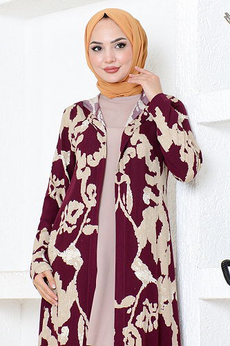 moda selvim Desenli Üçlü Viskon Takım 0332BGS895 Mürdüm&Vizyon - Thumbnail