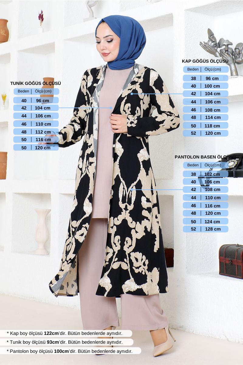 Desenli Üçlü Viskon Takım 0332BGS895 Siyah&Vizyon